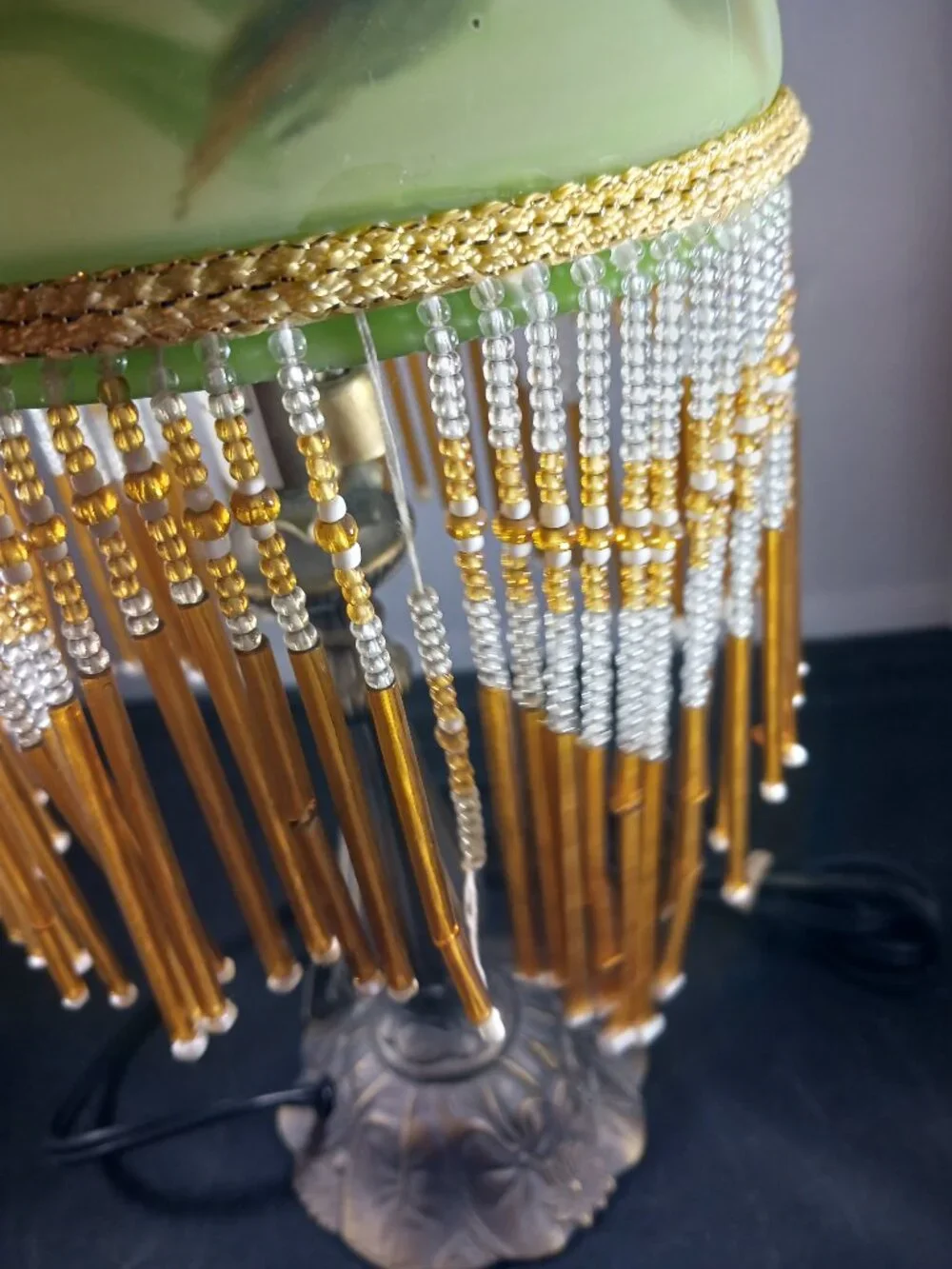 Vintage Floral Table Lamp with Beaded Fringe Tiffany Style Hand Painted Shade